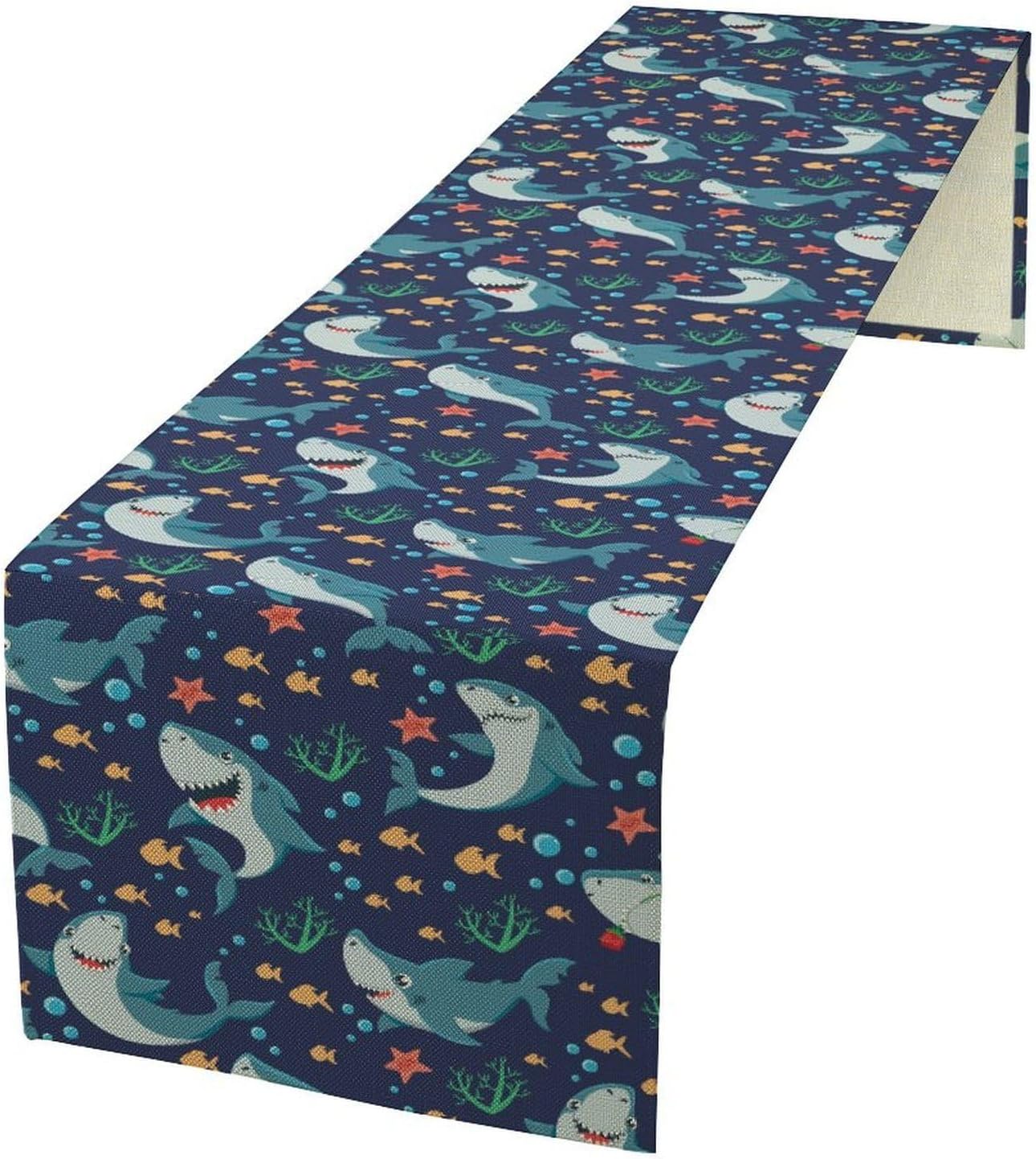 Cartoon Animal Table Runner Ocean Animals Shark Sea World Marine Navy Blue Decor for Birthday Boys Kids Party Dinner Festival Holiday Dining Room Classroom Home Kitchen Cafe, 13x108in