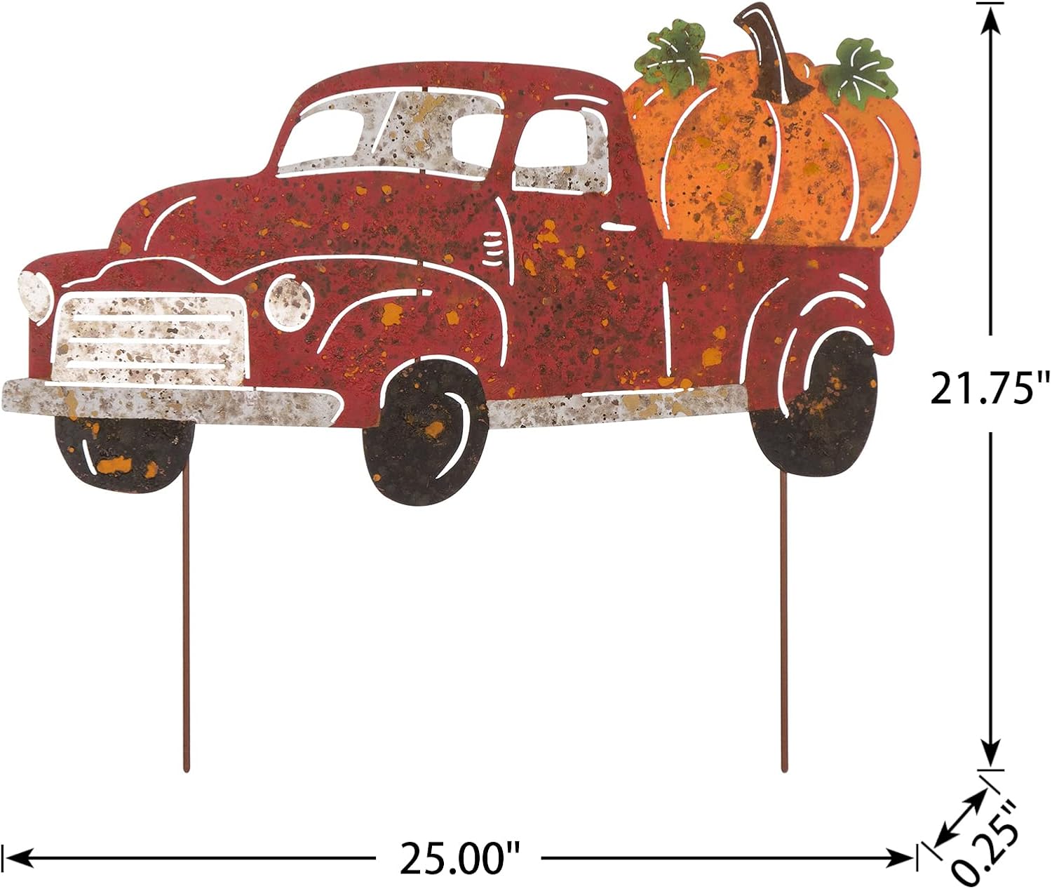 Glitzhome 25"L Metal Fall Decorative Yard Signs with Stakes, Rusty Truck Garden Yard Stake for Home Front Door Lawn Yard Pathway Fall Harvest Standing Hanging Decor Supplies