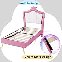 Vista 13 de Linique Base de cama tapizada de tamaño matrimonial con luces LED, moderna cama de princesa tapizada con cabecera corona, blanco y rosa