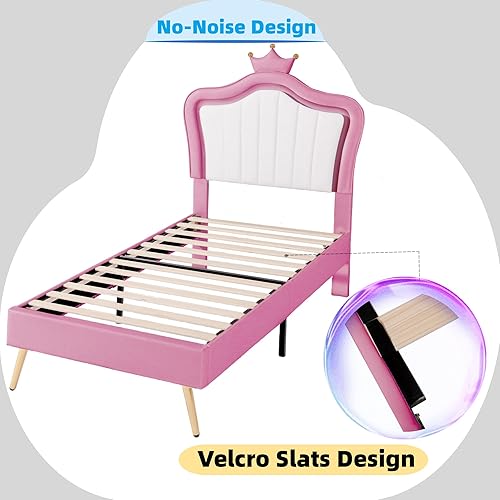 Miniatura 13 de Linique Base de cama tapizada de tamaño matrimonial con luces LED, moderna cama de princesa tapizada con cabecera corona, blanco y rosa
