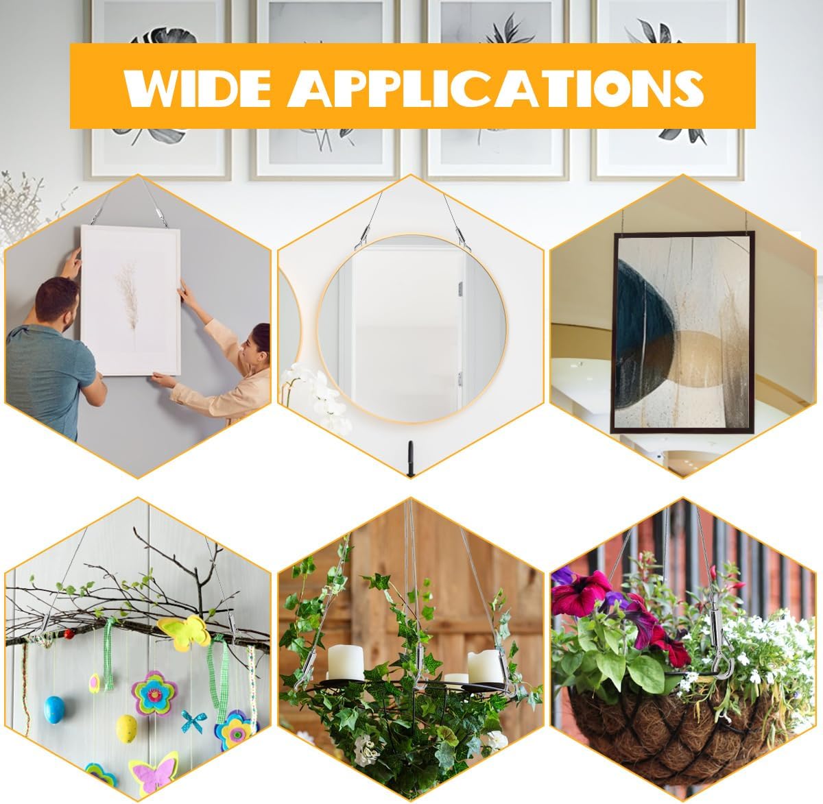 4 PCS Picture Hanging Wire 2mx1.5mm Picture Hanging Cord Mirror Hanging Kit Heavy Duty Stainless Steel Wires Rope with D Rings Hangers Screws for Potted Plants Curtain Photo Frame, Up to 60lbs