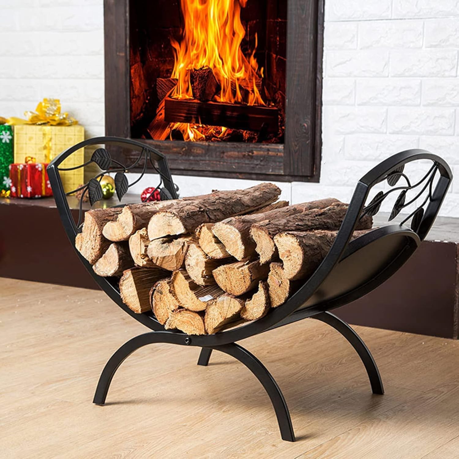 Farmhouse Firewood Rack Heavy Duty Steel Log Storage Rack for Backyard Deck & Outdoor Fire Pit 64x35x47 CM,