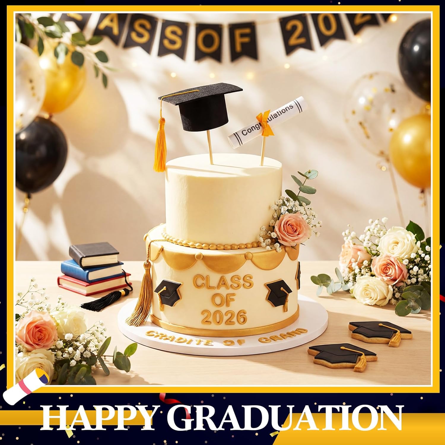 Breling 48 Pcs Black and Gold Graduation Centerpiece Sticks Felt Graduation Scroll Diploma and Grad Cap with Tassel Decor 2026 Table Toppers Centerpiece Party Supplies for Grad Party Decorations