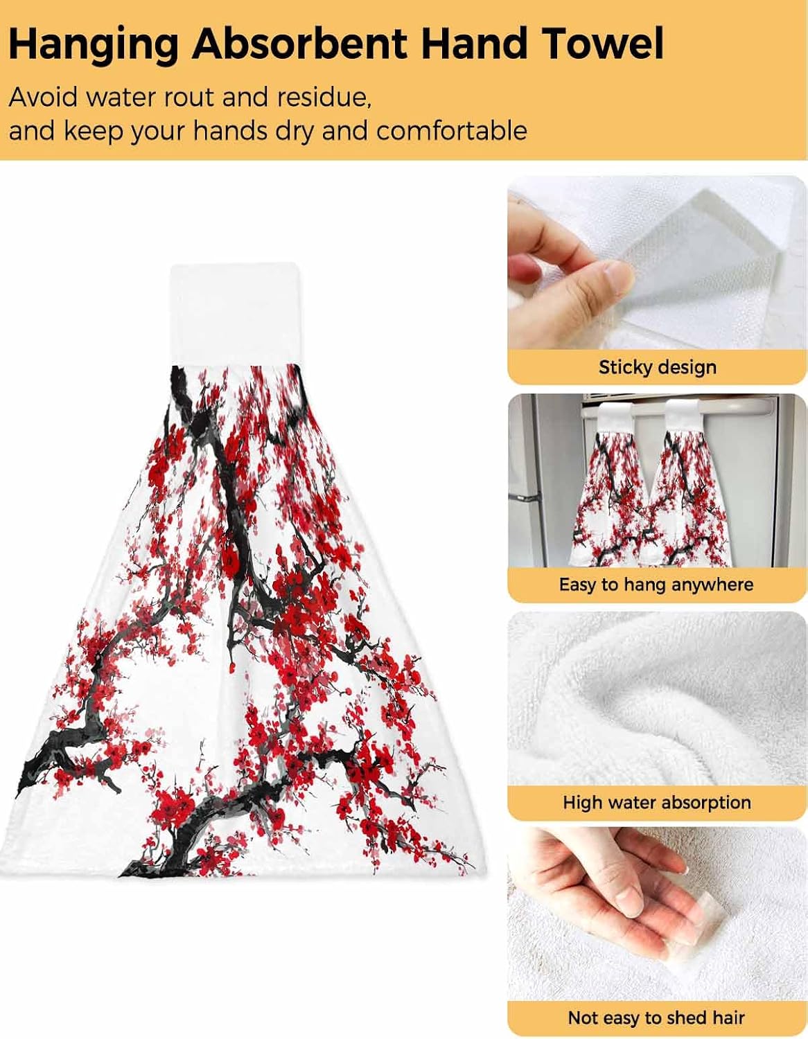Red Plum Kitchen Hand Towels with Hanging Loops Set of 2 Nature Flowers Branches Chinese Painting Soft Thick Oven Fingertip Dry Microfiber Tie Dish Towel Absorbent Cleaning Washcloth for Bathroom