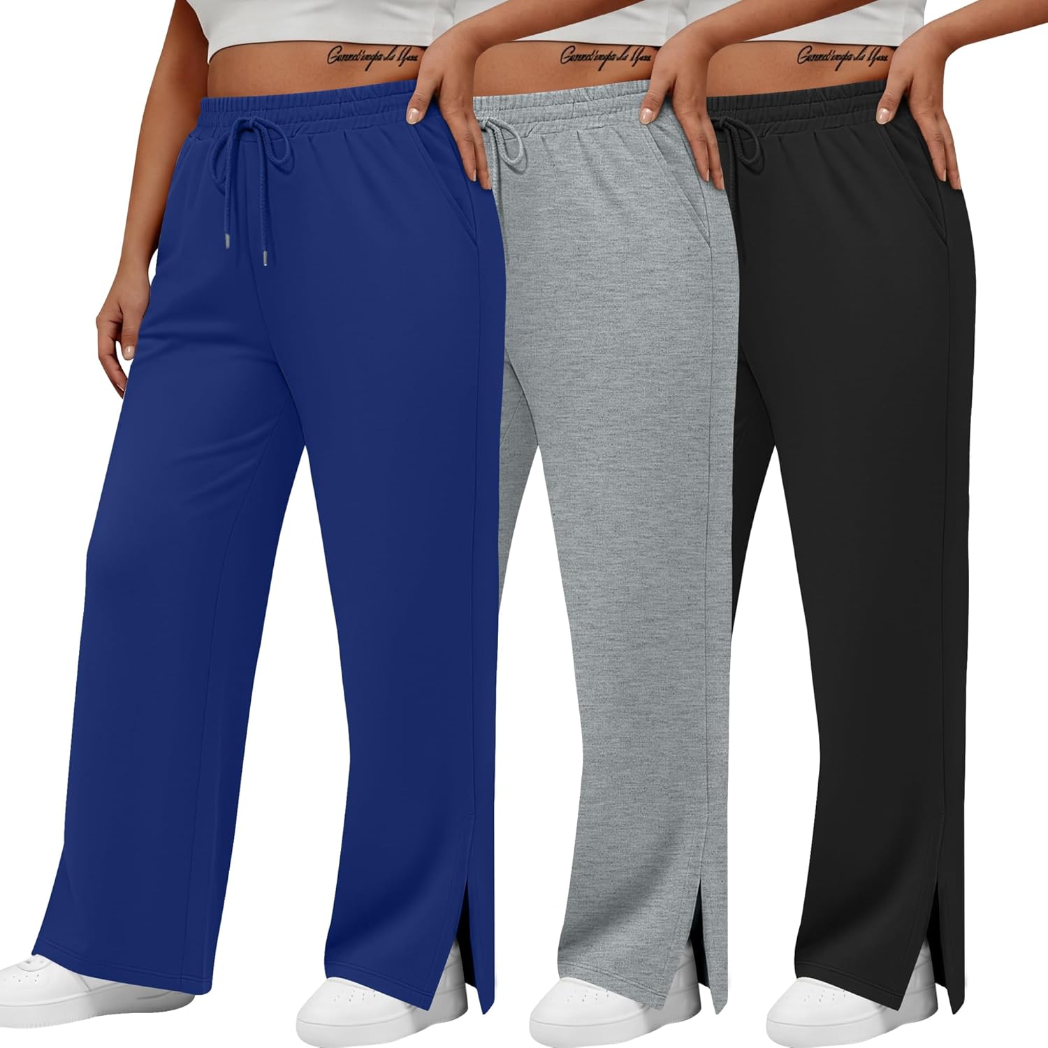 Neer 3 Pcs Womens Plus Size Sweatpants Wide Leg Drawstring Lounge Pants Side Slit Elastic Waist Workout Trousers with Pockets