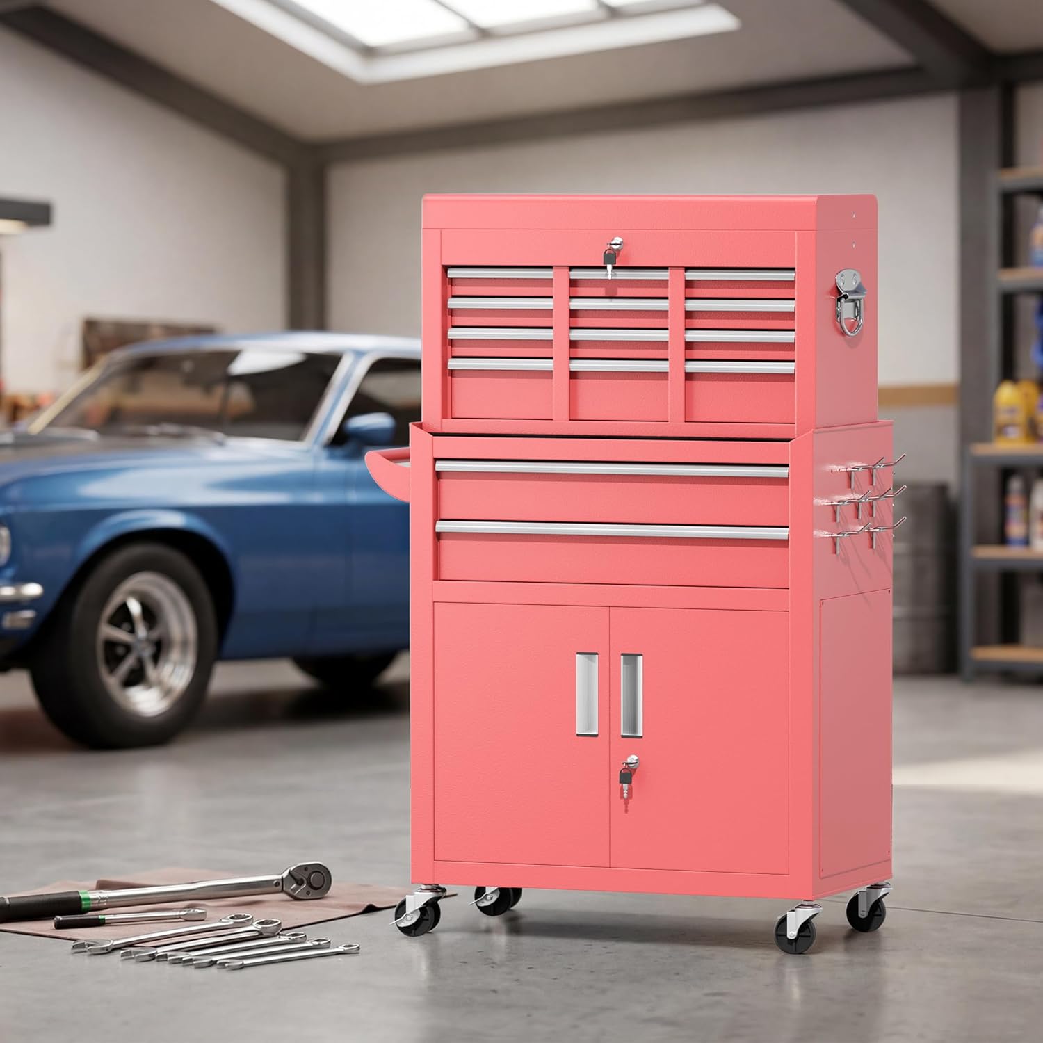 Greenvelly Tool Chest, 8-Drawer Rolling Tool Chest with Hooks and Lockable Wheels,Metal Storage Detachable Top Tool Box with Lockable Wheels for Garage,Workshop,Art Studio(Pink)