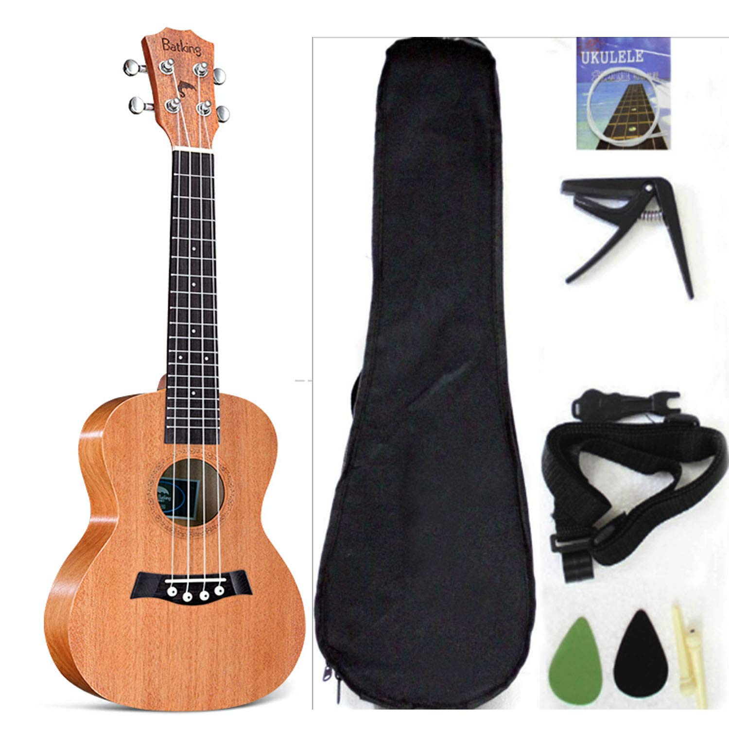 Ukulele da concerto con parte superiore in mogano, 58,4 cm, con accessori per ukulele con custodia, tracolla, corda in nylon, accordatore elettrico, plettri