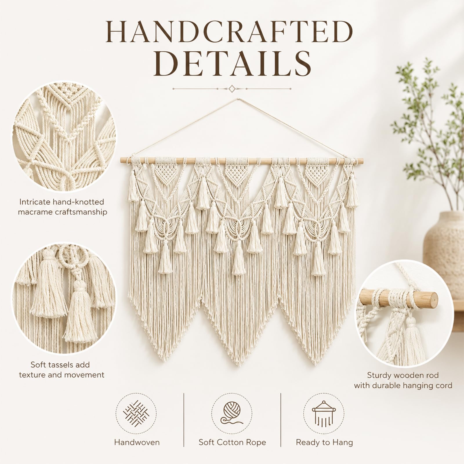 Macrame Colgante de Pared Grande Tapiz Boho Chic Tejido Algodón con Barra
