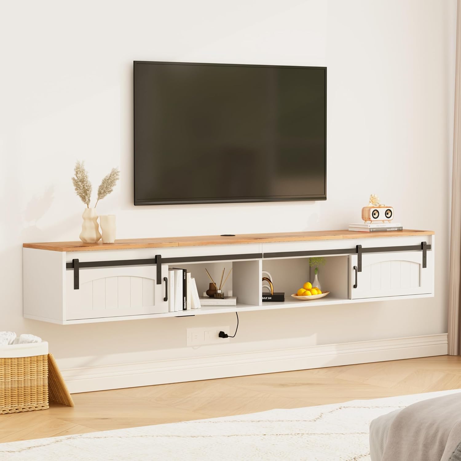 71” Floating TV Stand with Power Outlet, Farmhouse Wall Mounted TV Cabinet with Sliding Barn Doors, Entertainment Center for TVs up to 75”, Media TV Console for Living Room, Bedroom, White