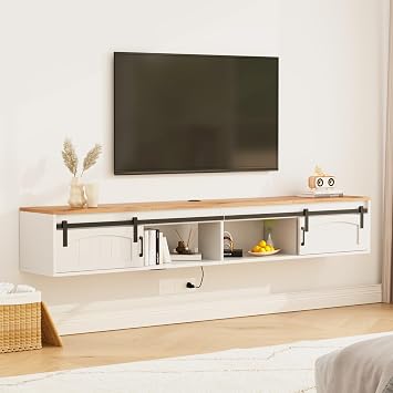 EazeHome 71 Floating TV Stand with Power Outlet, Farmhouse Wall Mounted TV Cabinet with Sliding Barn Doors, Entertainment Center for TVs up to 75, Media TV Console for Living Room, Bedroom, White