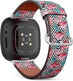 CJBROES Replacement Leather Watch Band, Compatible with Fitbit Versa 3 and Fitbit Sense of Wristband Bracelet Accessory - Flamingo Bird Tropical Geometric