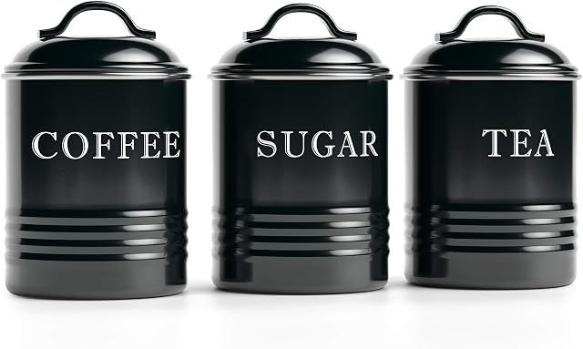 Barnyard Designs Black Canister Sets for Kitchen Counter, Vintage Kitchen Canisters, Country Rustic Farmhouse Decor for the Kitchen, Coffee Tea Sugar Farmhouse Kitchen Decor, Metal, Set of 3