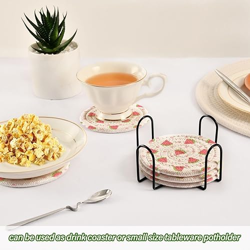 Miniatura 6 de innewgogo Polka Dot Watermelon 6 Pcs Absorbent Drink Coasters for Tabletop Protection Handmade Round Woven Coaster with Holder & Heat Water