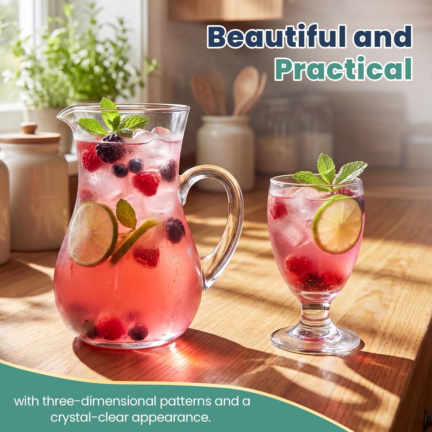 LemonRoad 7 Pcs Glasses Pitcher Drinkware Set 40 oz Pitcher Carafe and 6 Tall Drinking Beverage Set, Jug with Lid and Spout for Juice, Iced Tea or Water (Gourd Style)