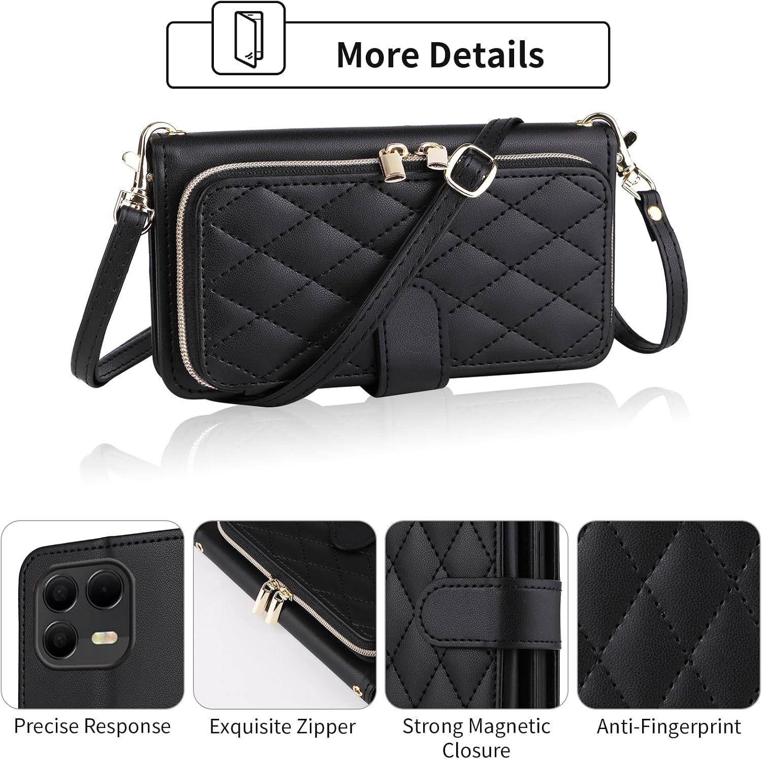 Argyle Wallet Case for T-Mobile Revvl 8 Pro 5G with Wrist/Shoulder Strap, Card Slot Zipper Purse PU Leather Stand Phone Cover for Tmobile T Mobile Revel Tmo Revell Rebel Women Girls Black