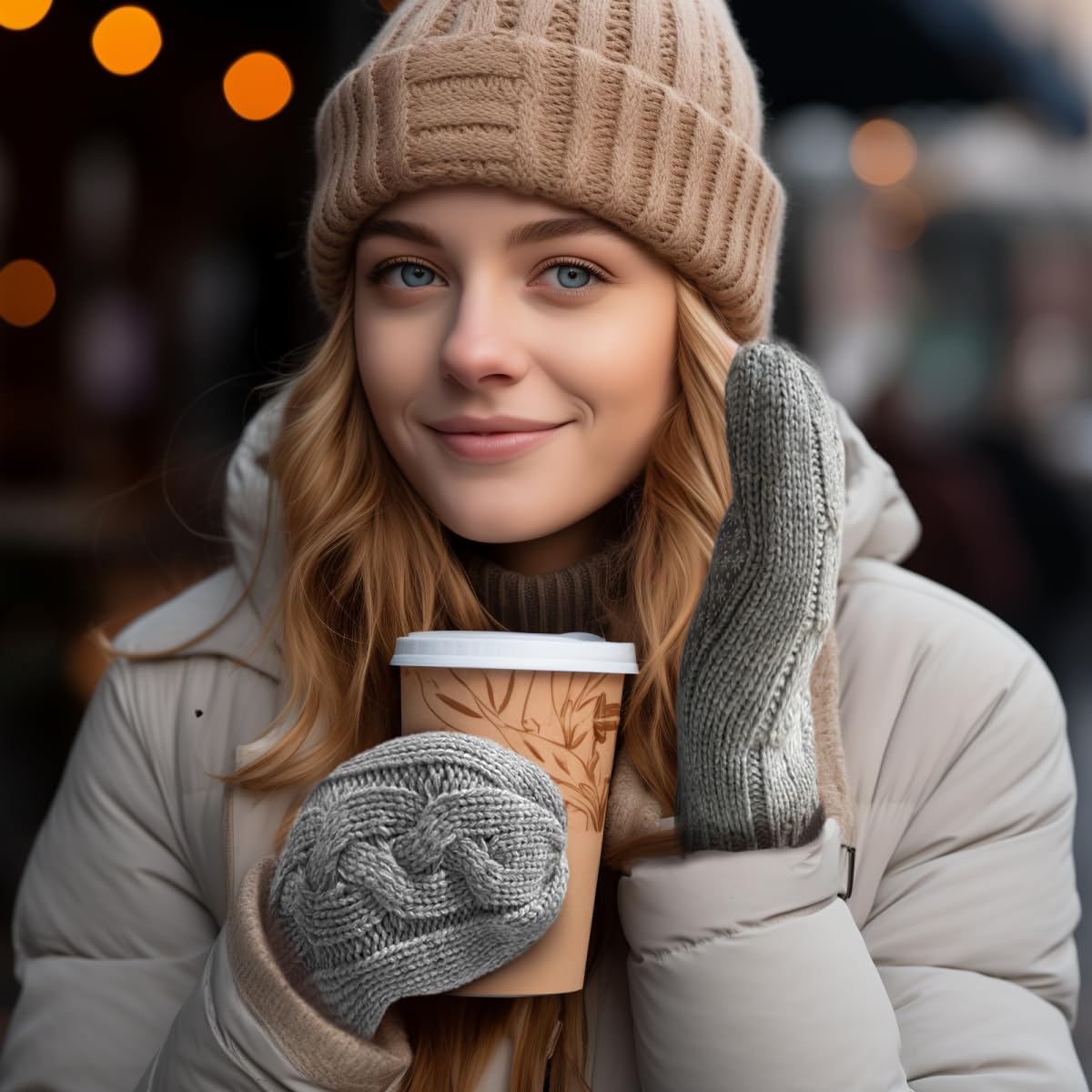 Touchscreen Mittens for Women Sherpa Lined Cold Weather Chunky Cable Knit Mitt - Image 5