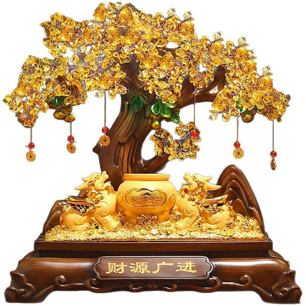 Drzewo pieniędzy Feng Shui Decor Chińska roślina pieniędzy dla bogactwa Dobrobyt, cytrynowy kamień Bonsai Powodzenia Ozdoba Feng Shui do dekoracji domu i biura, prezent,Medium
