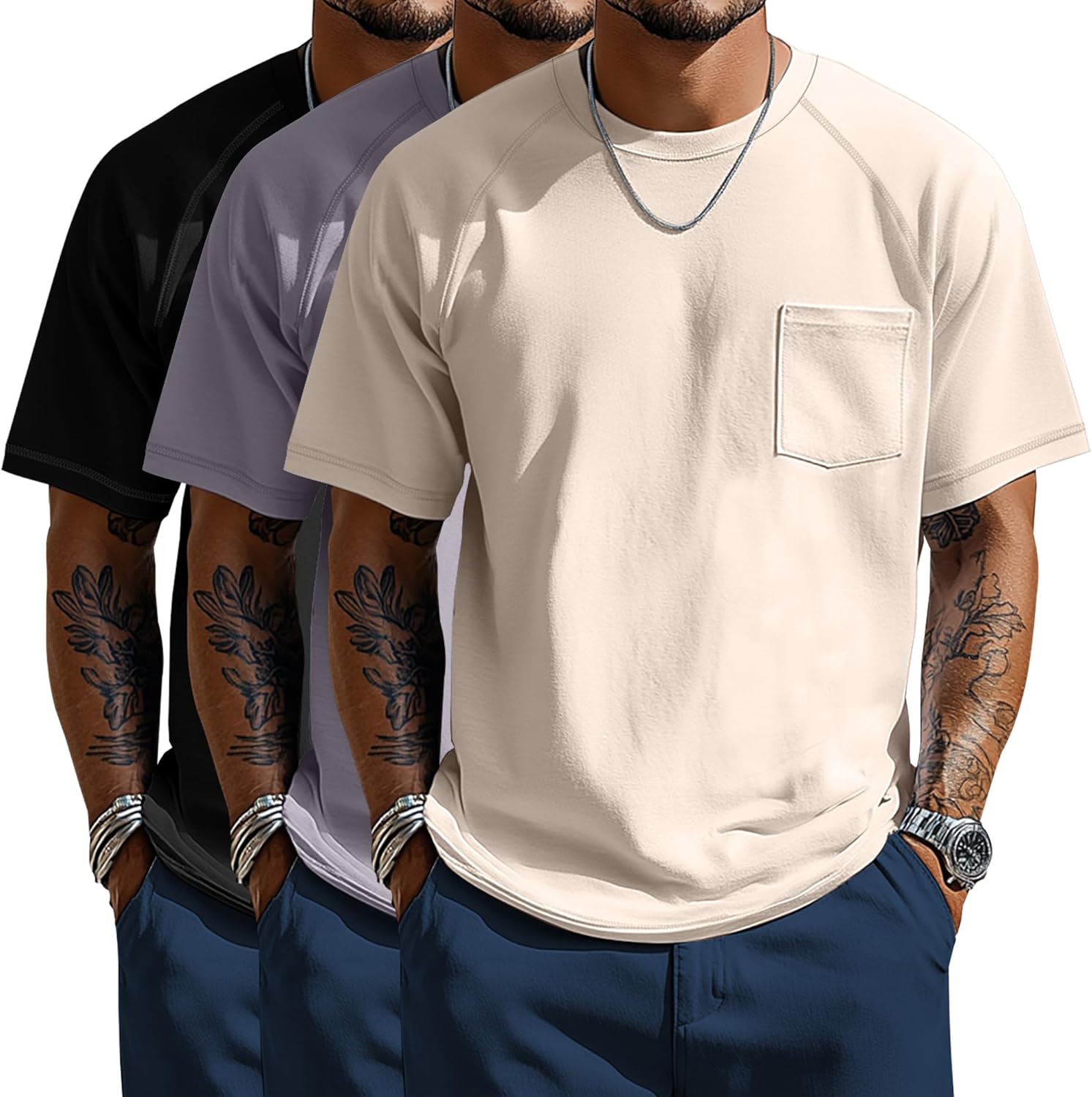 Neer 3 Pack Big and Tall Shirts for Men with Pocket XL-5XL Plus Size Crew Neck Raglan Short Sleeve Summer Casual T Shirts Tee
