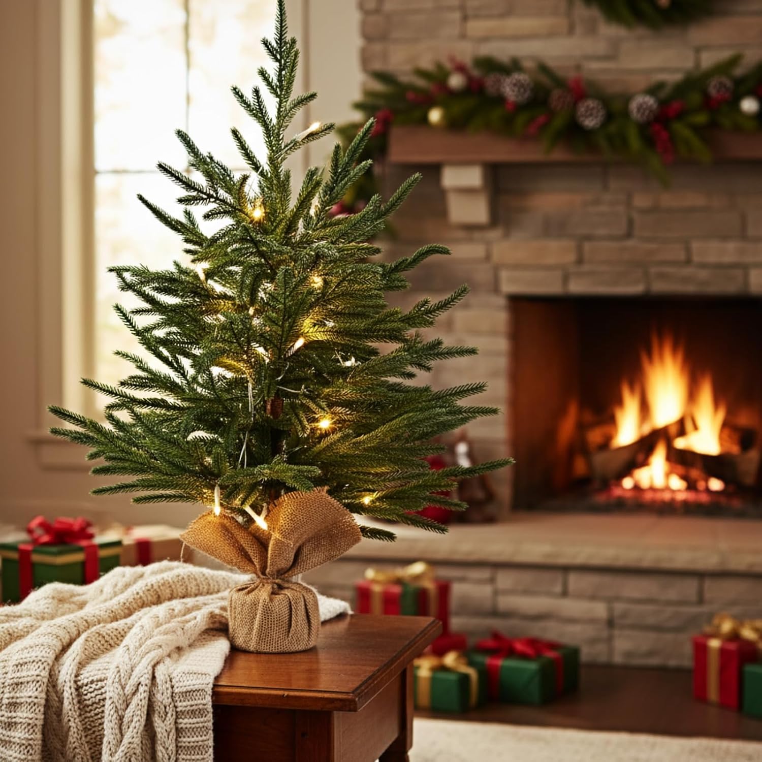 Lyrow Artificial Norfolk Pine Tree 24 Inch Tabletop Christmas Tree Small Light Up Norfolk Pine with 30 Beads for Holiday Party Indoor Outdoor Home Table Fireplace, Entryway Decorations((2 Pcs)