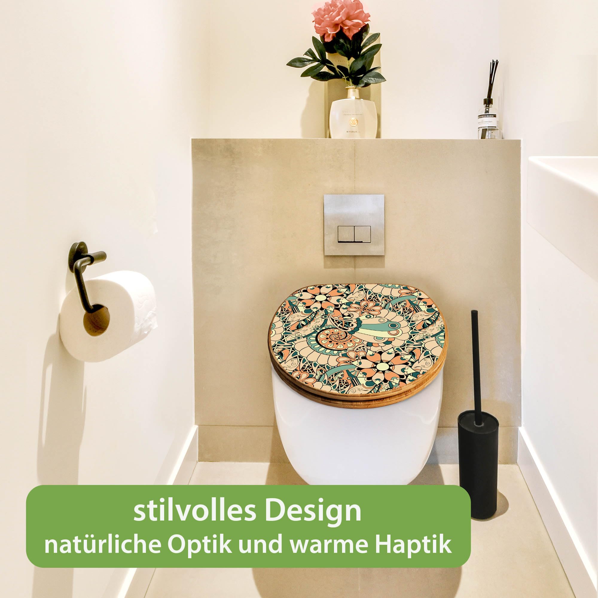 banjado Design WC Sitz Bambus Absenkautomatik 45,8x37,5cm - Toilettendeckel mit Absenkautomatik Holz - hochwertiger Bambus Klodeckel - WC-Sitz für gängigen Toiletten - Motiv Vintage Flower 3