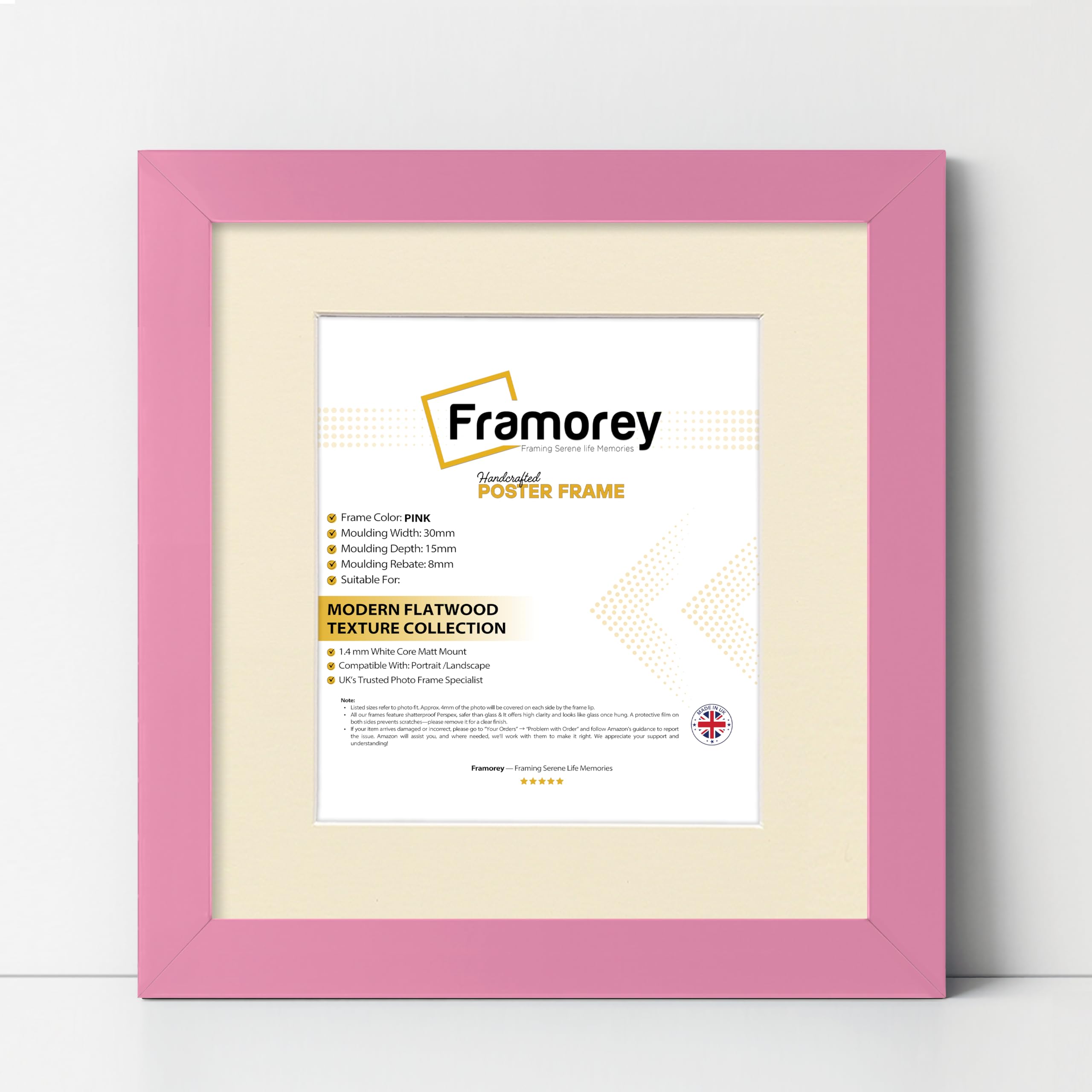 FRAMOREY Square Oxford Flat Wooden Effect Picture Frame, 30x30CM Size Pink Photo Frame With 25x25CM Size Ivory Mount, Photo Print Frame, Best Photo Frames For Birthday Gift