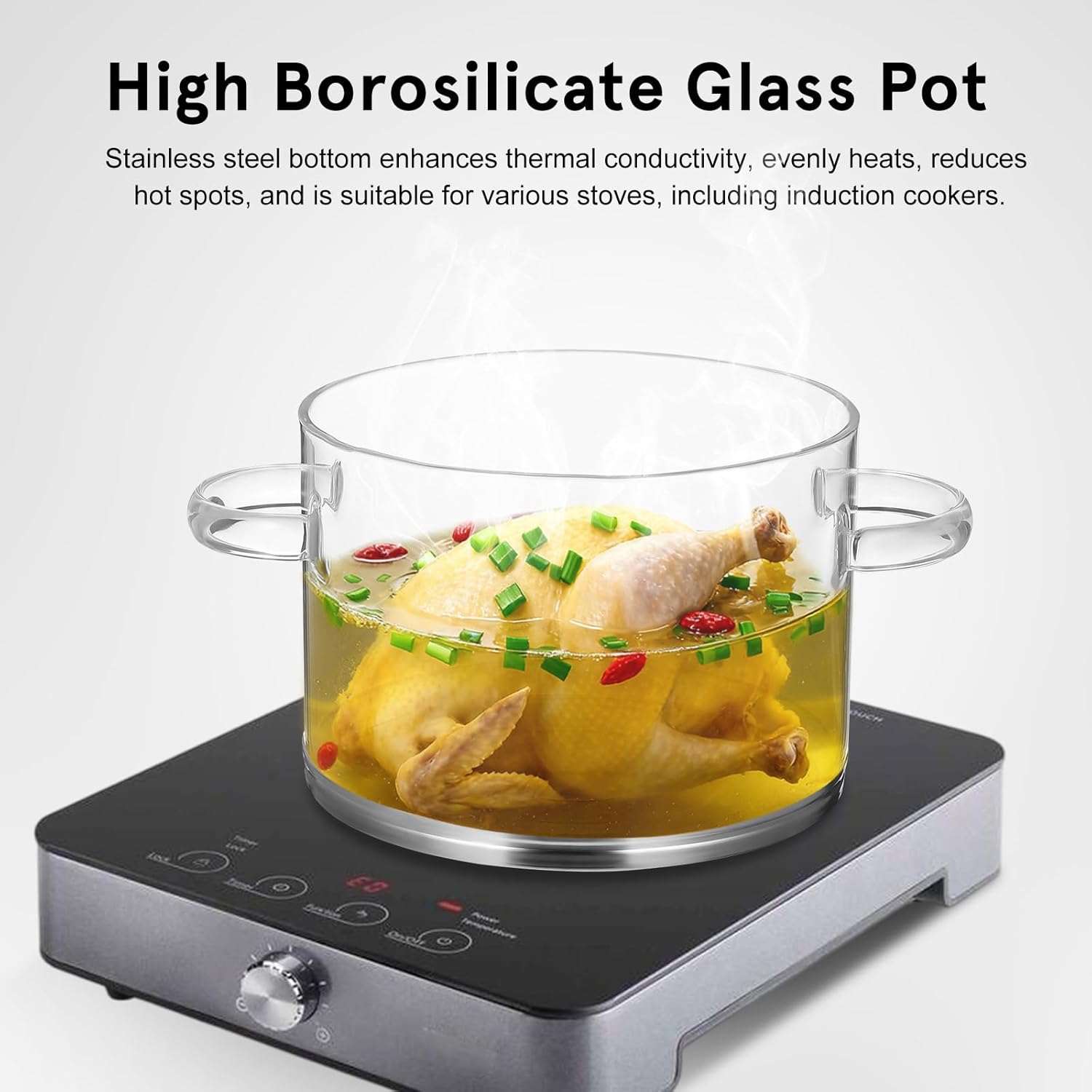 Glass Cooking Pot with Stainless Steel Base And Lid 3200ml, Heat Resistant Multifunctional Pot for Stovetop, Ideal for Soups, Stews And Baby Food