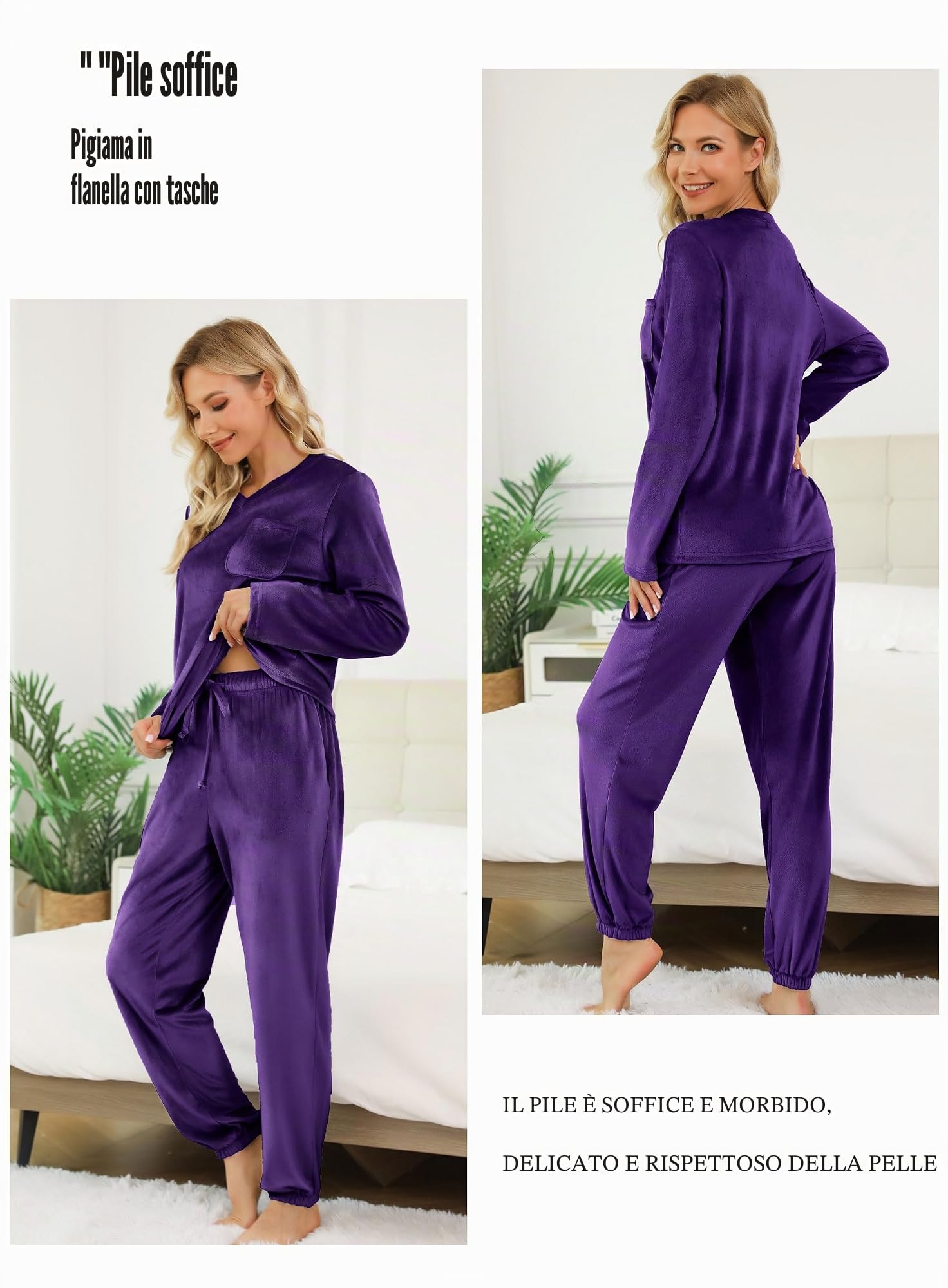 Lovasy Pigiama Donna in Pile Invernale Caldo Morbido e Confortevole | Pigiama a Maniche Lunghe con Scollo a V Set Pigiami Due Pezzi Leggero con Tasche
