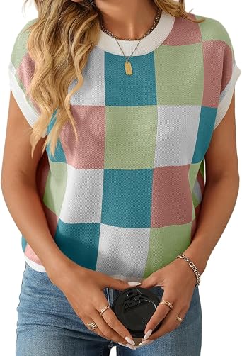 Checkered Tops for Women Cap Short Sleeve Pullover Sweater Color Block Knitted Plaid Shirt