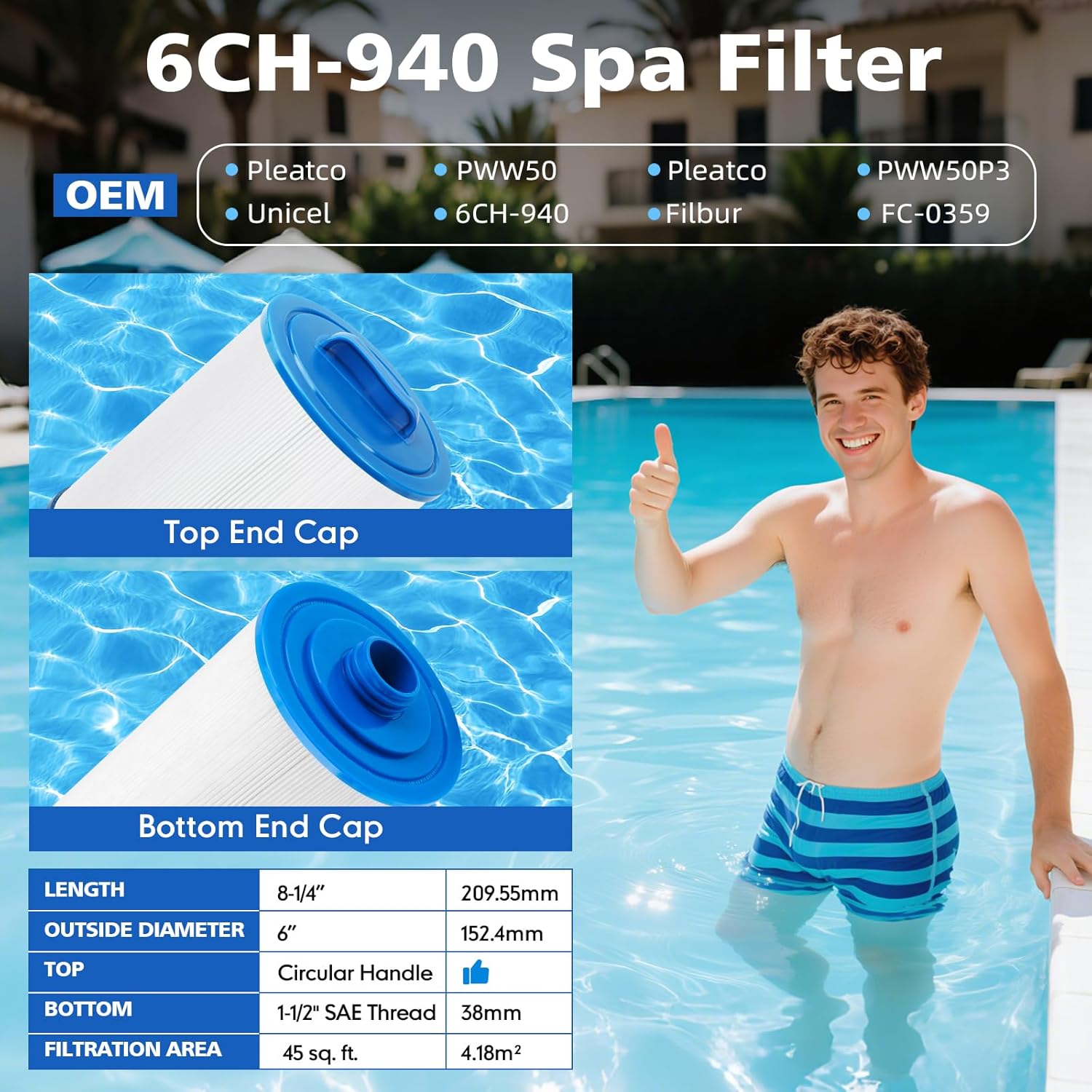 PWW50P3 Hot Tub Filter Cartridge 2 Pack Replacement 6CH-940, FC-0359, 817-0050, 25252, PWW50 Fits Pleatco, Unicel, Waterway Spas-6" Diameter, 8-1/4" Length, NSF 50 Certified. - Image 2