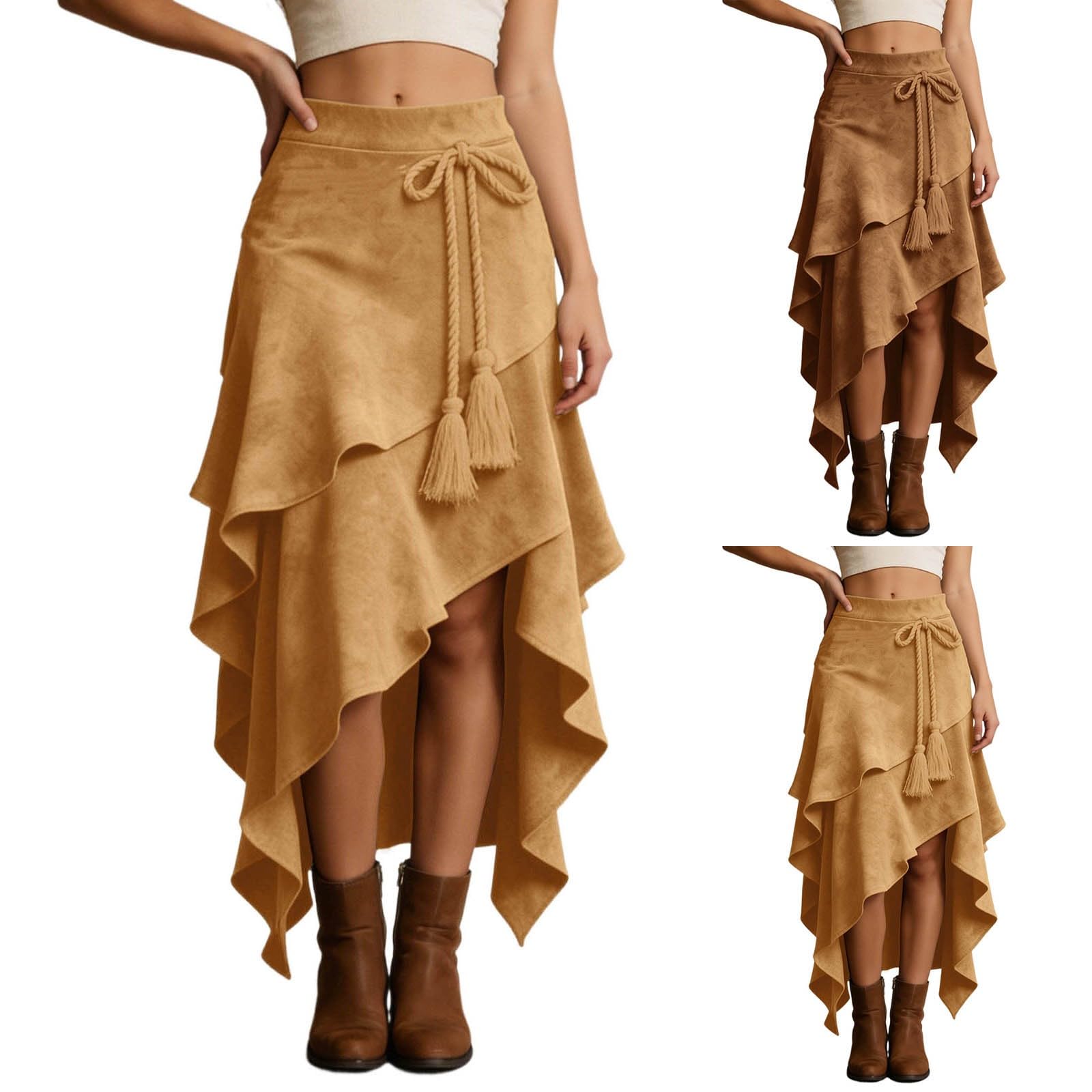 Falda de ante para mujer, falda tradicional vaquera, vintage, hippie, falda de vaquero occidental, dobladillo asimétrico, ropa gótica, falda acampanada, falda de cintura alta, falda de invierno