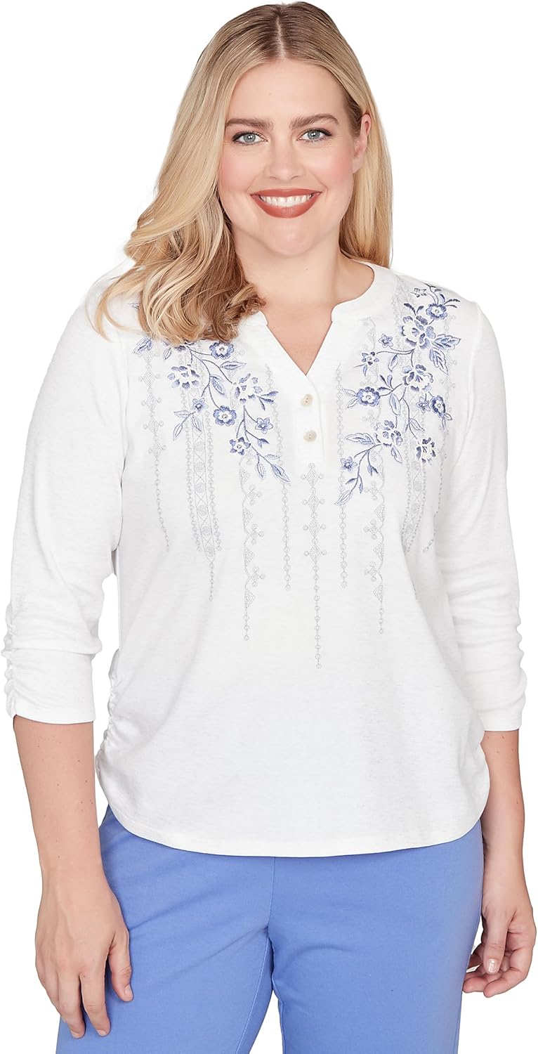 Geometric Floral Ruched Henley Top