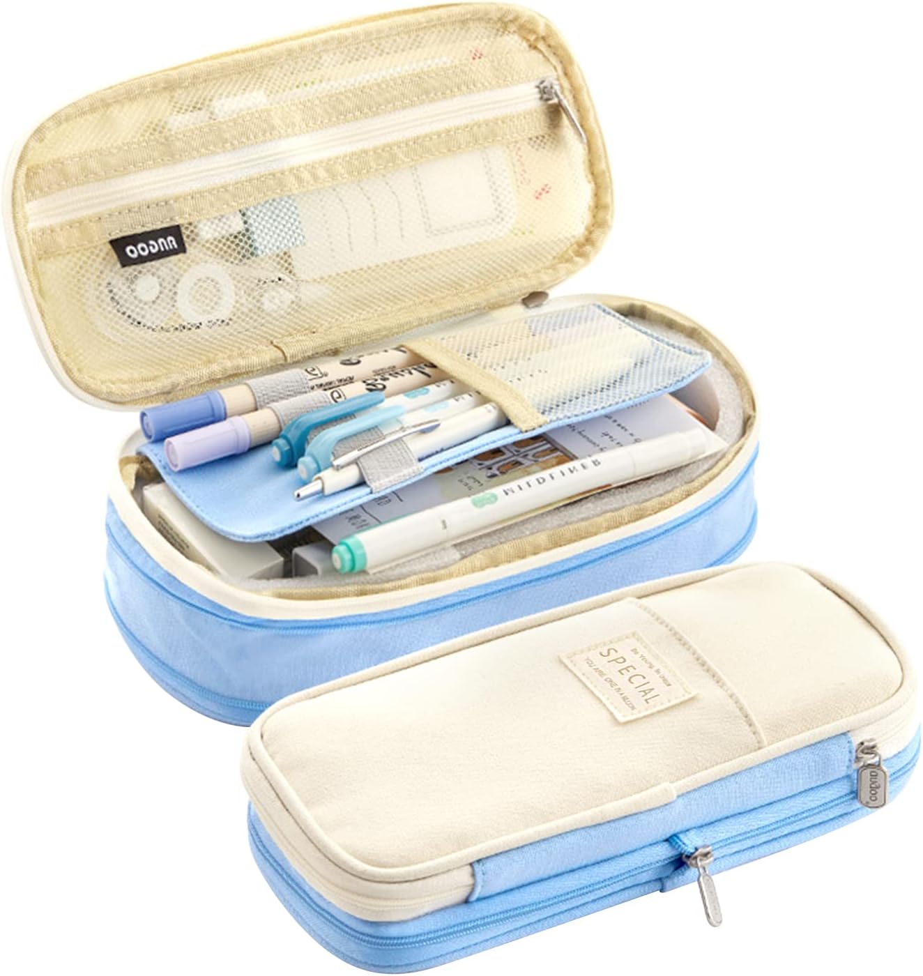 Large Capacity Pencil Case Pencil Pouch Handheld Pen Bag, school pencil case for Teen Girl Boy Men Women Adult (Light blue-beige)