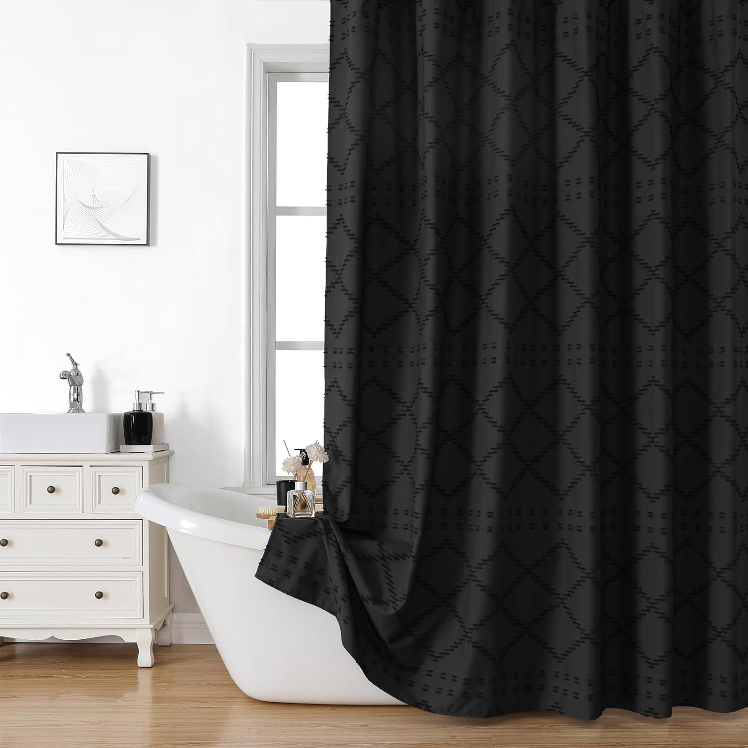 Gibelle Black Fabric Shower Curtain, Tufted Textured Modern