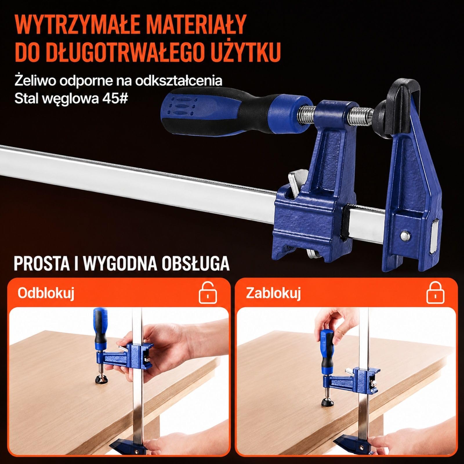 4 szt ściski stolarskie prętowe z żeliwa, blokowana konstrukcja F, do obróbki drewna i montażu