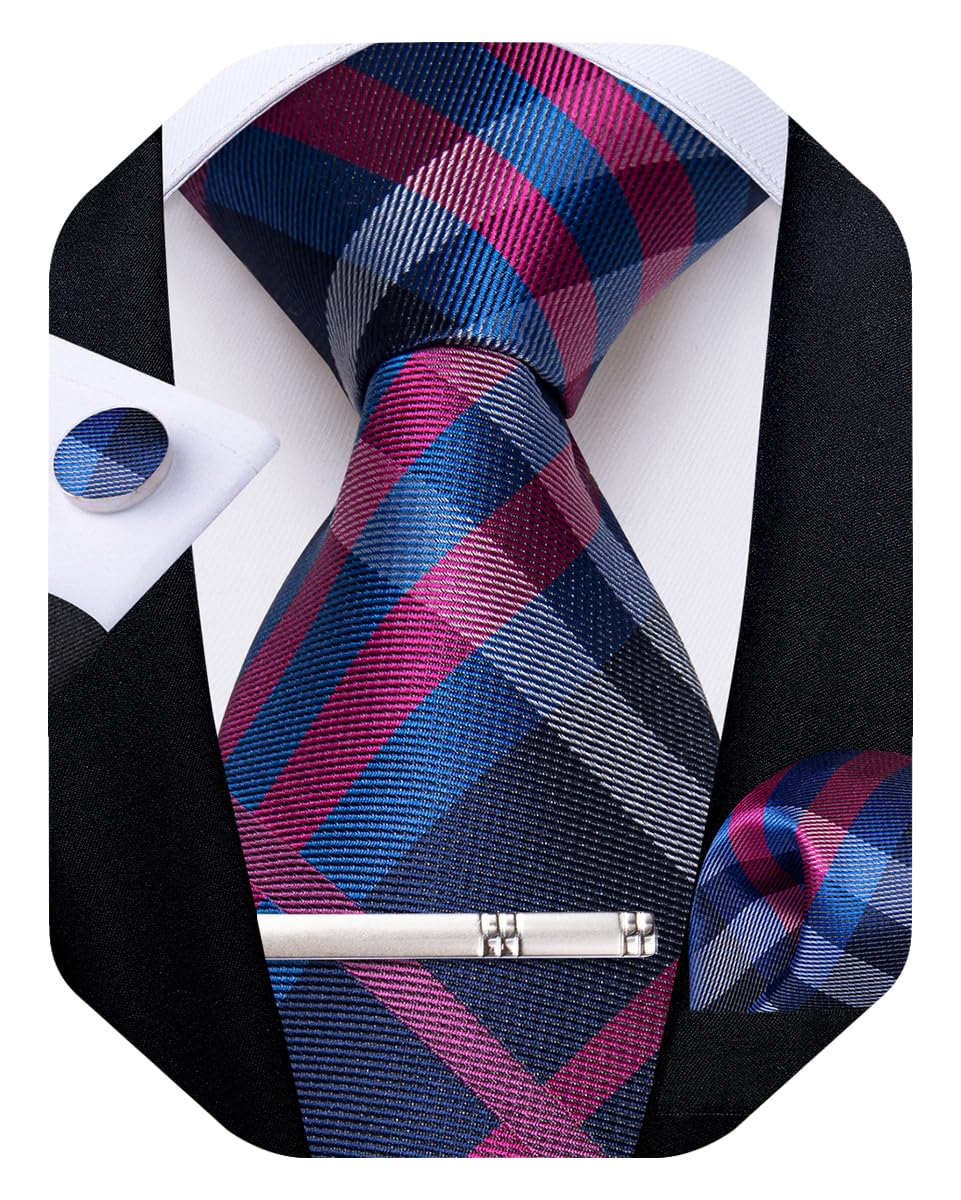 DiBanGu Plaid Ties for Men Silk Checkered Necktie and Pocket Square Cufflinks Tie Clip Set with Gift Box for Wedding Business
