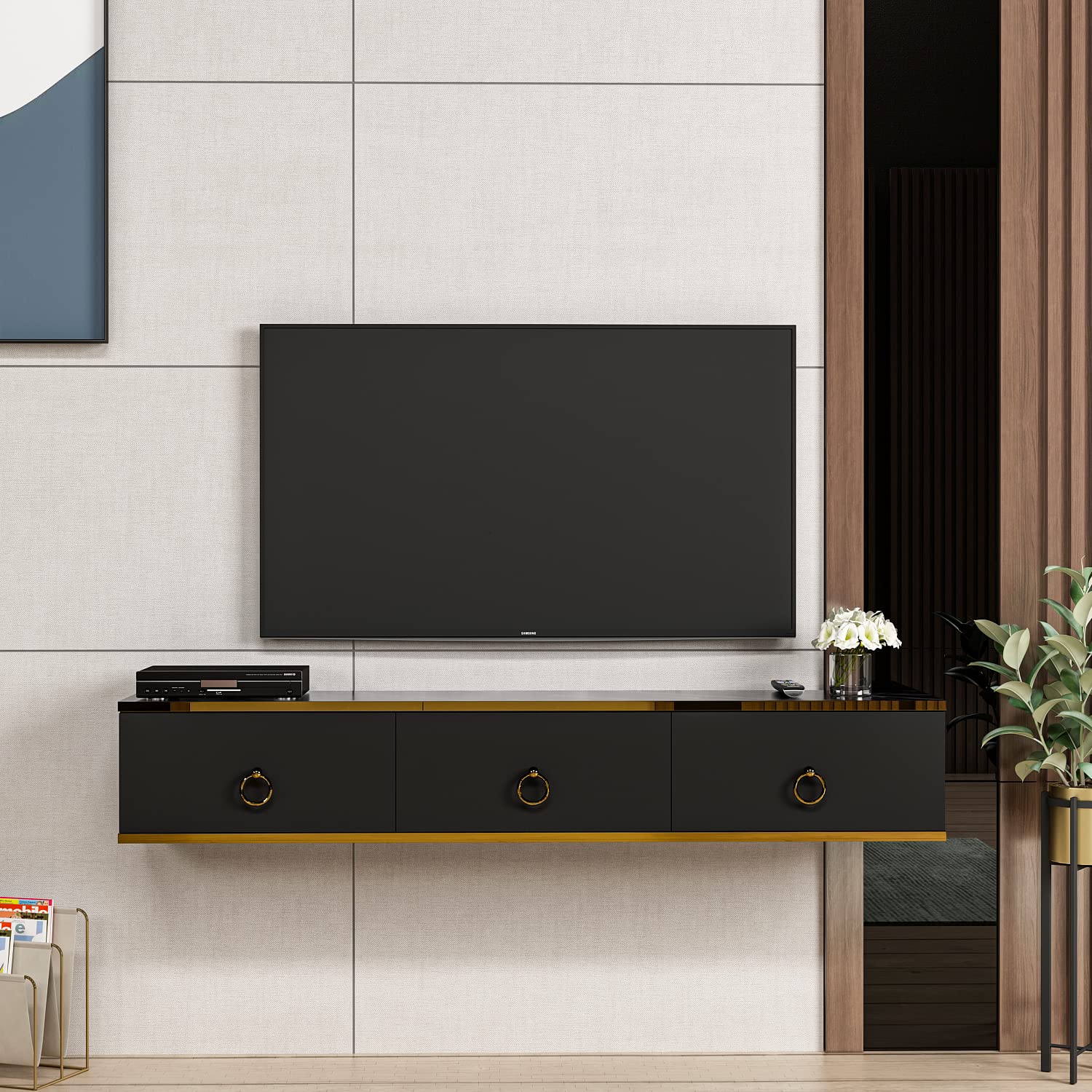 Meuble TV Bas Moderne HOMIDEA Angel - 192.8x45x35 Cm, Design Blanc Brillant/Chêne, Rangement TV & Décoration Salon