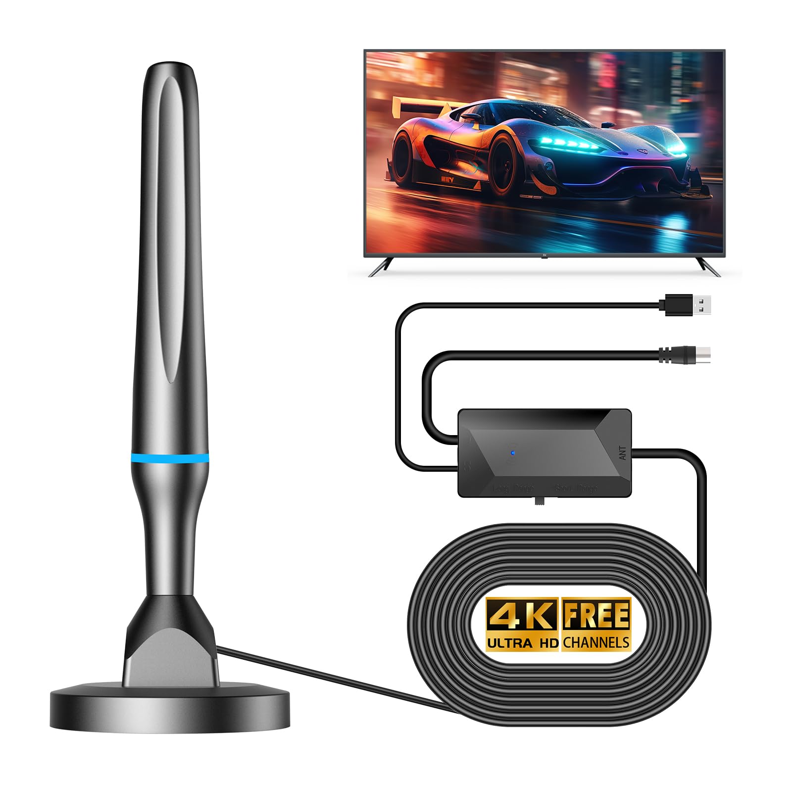 Antenne TV Intérieur Puissante TNT HD, 2026 Puissante Antenne TV Intérieur de Base magnétique puissante - 80KM Réception Longue Portée à 360°, Compatible avec Portable 4K 1080P et Tous Les TVs - Bleu