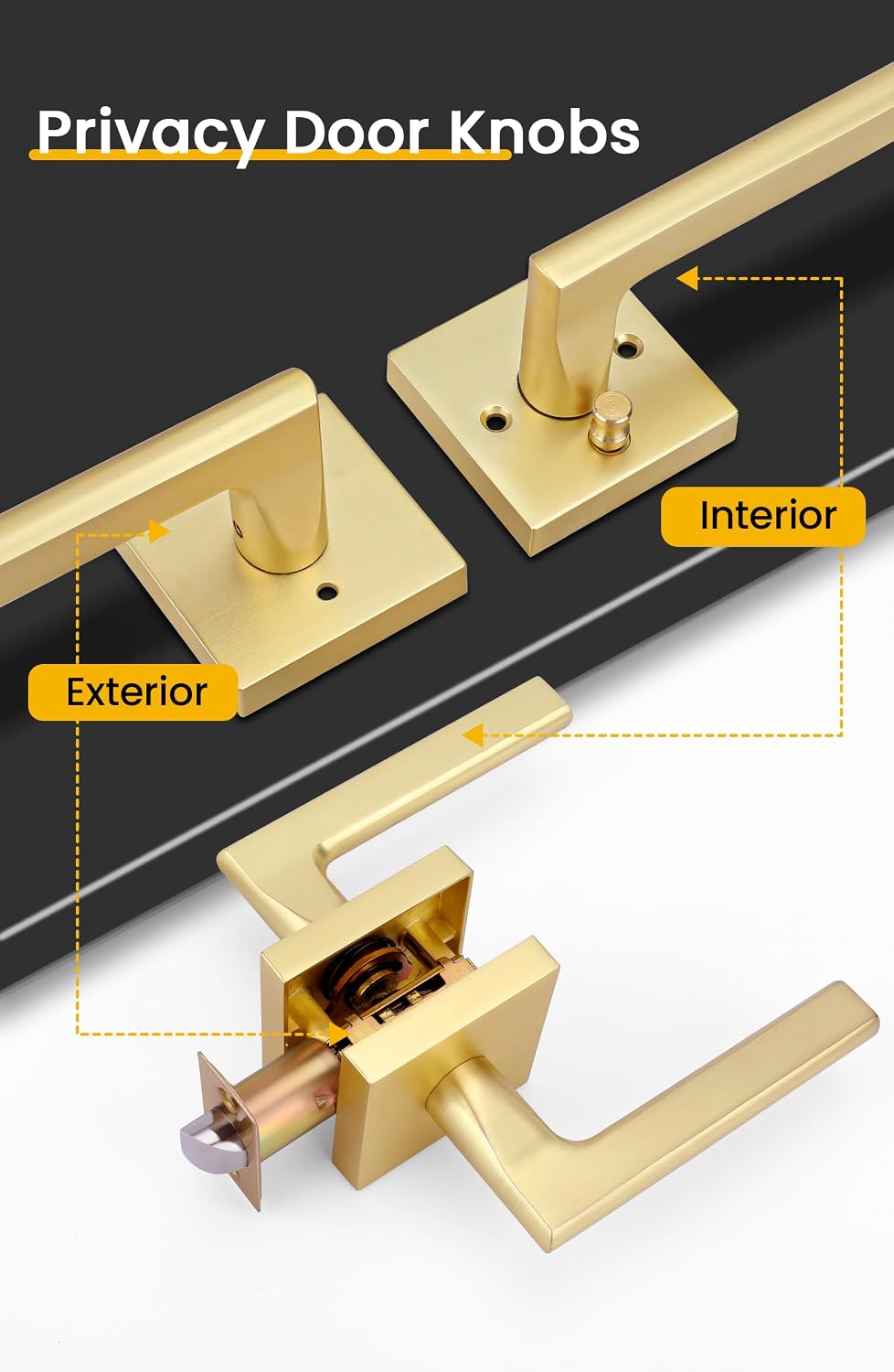 Goldenwarm Gold Door Handles Interior, Zinc Alloy Brushed Gold Privacy Door Handles, Heavy Duty Brass Interior Lever Doorhandles for Bedroom Bathroom Modern (6 Pack)