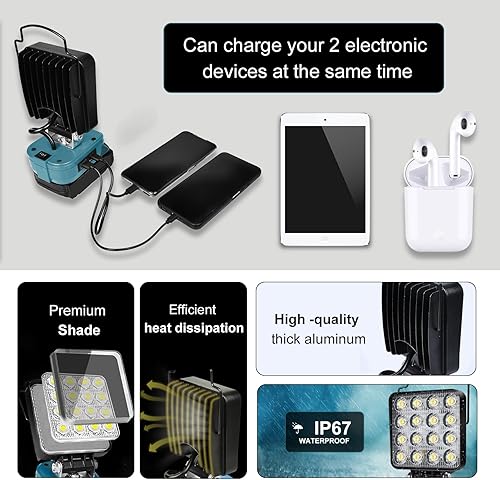 Miniatura 4 de Luz de trabajo LED inalámbrica compatible con batería Makita de 18 V, linterna de 48 W 3400 LM, luz de inundación portátil con puertos USB y tipo C,