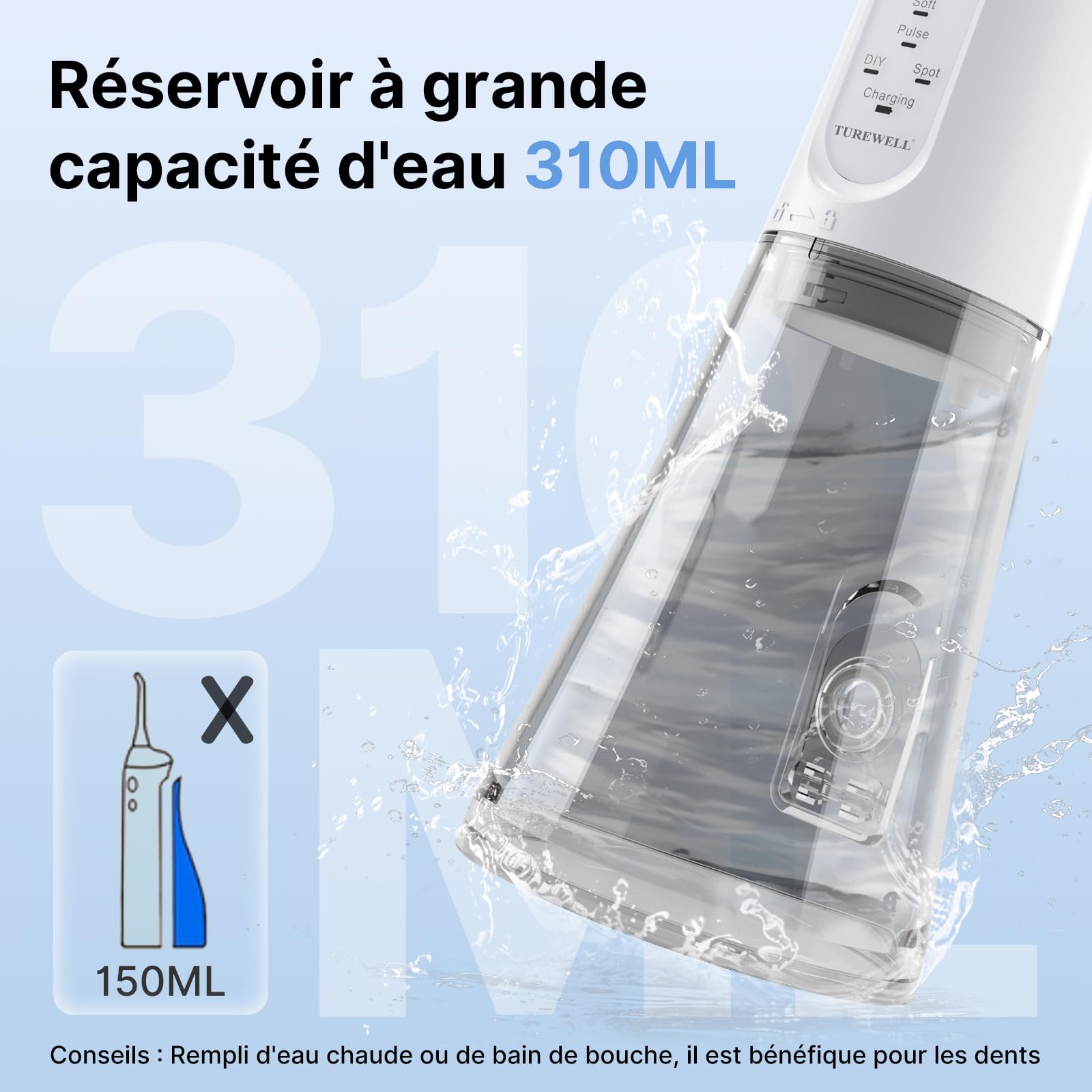 TUREWELL Jet Dentaire Hydropulseur Portable 310 ML avec 5 Modes, 4 Buses, Rechargeable Hydropulseur Dentaire Étanche IPX7 Pour La Maison et Les Voyages, Améliore la Santé Dentaire