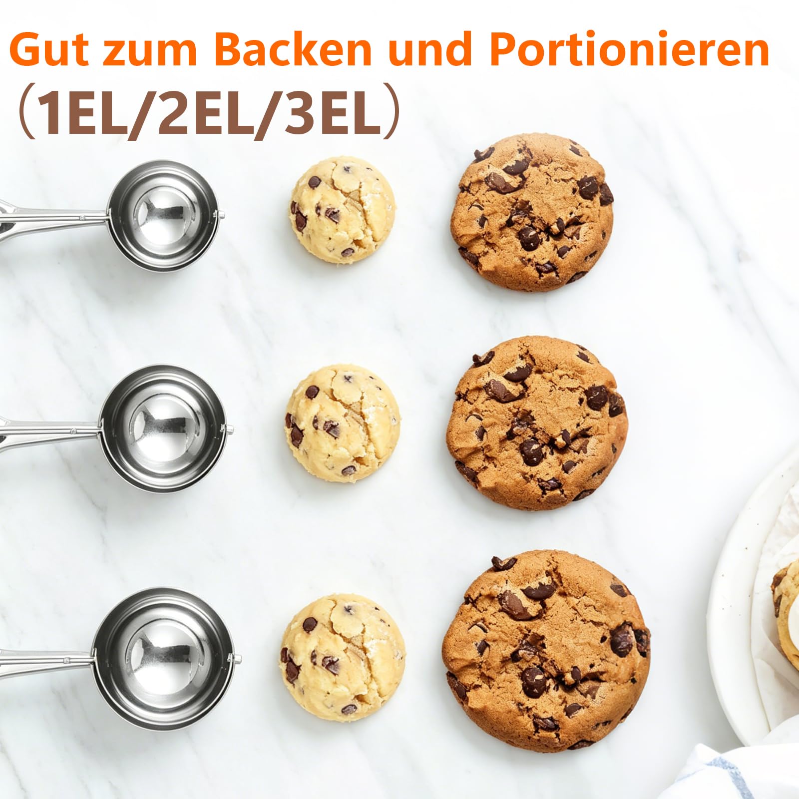 Juego de 3 cucharas de acero inoxidable para helado con disparador (15/30/45 ml) – Para bolas perfectas de helado, masa de galletas, magdalenas y albóndigas – Apto para lavavajillas y