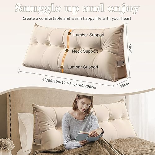 Miniatura 5 de Almohada triangular de cuña para cabecero, respaldo de cama, cojín grande extraíble con bolsillos laterales, soporte de posicionamiento para