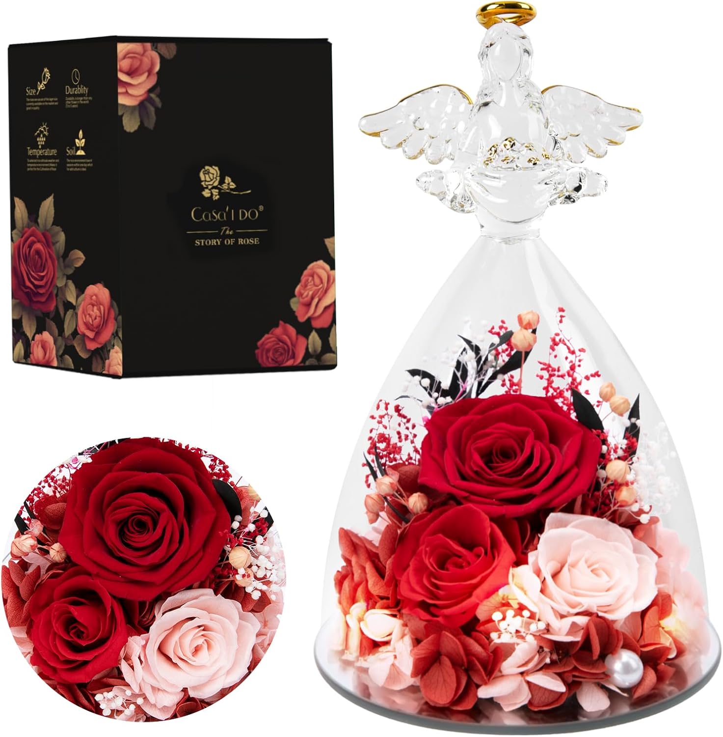 Casaido Mothers Day Rose Gifts for Women, 7" Red Preserved Roses Flowers in Glass Angel Figurine, Birthday Gift for Mom Wife Grandma, Eternal Rose for Valentines Christmas Anniversary