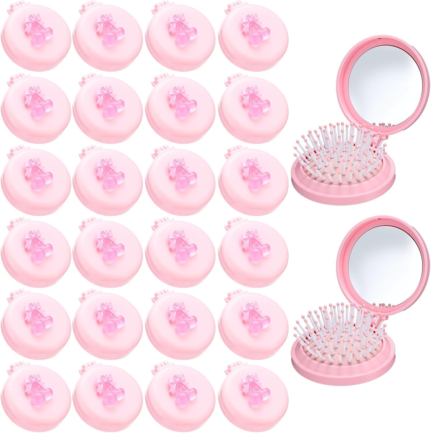 LemonRoad 24 Pack Foldable Travel Mirror Hair Brushes, Mini Mirror Comb, Round Portable Folding Pocket Hairbrush, Compact Small Size Massage Comb, Coquette Bow Party Favor for Women (Pink)
