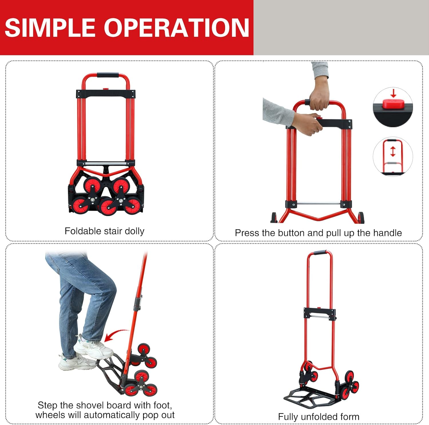Stair Climbing Dolly Cart,Stair Climbing Hand Truck Dolly with Telescoping Handle and Stairs Wheels,200 LB Capacity Heavy Duty Folding Hand Truck for Stairs,Moving,Office (Red)
