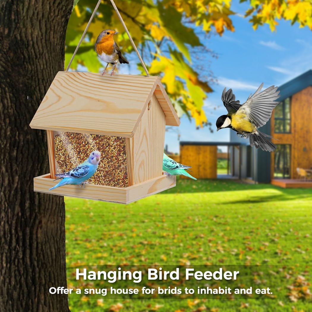 Vogelfutterstation zum Aufhängen aus Holz mit 2 Anlegeschalen für den Außenbereich, Wildvogel-Futterstation für Balkon, Garten, Traufe