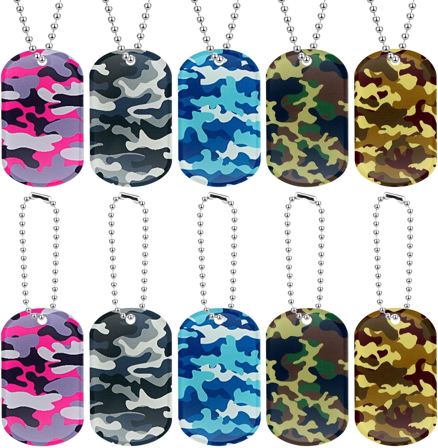 Yinkin 100 Pcs Military Dog Tags Army Camouflage Dog Tags Acrylic Military Camo Party Favors Supplies Include 50 Camo Necklaces with 50 Beaded Chains for Women Men Gifts(Dark Green)