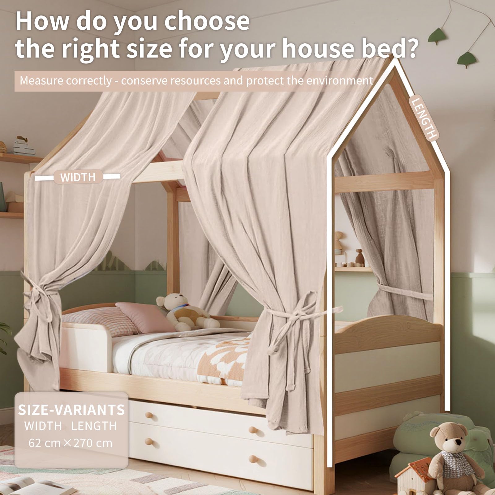 HOTUT Hausbett Himmel,2 Stück Betthimmel Babybett aus Musselin,Weich und atmungsaktiv Baldachin Kinderzimmer Deko,Hausbett Himmel Deko Set für Mädchen & Jungen-62 x 270cm Beige