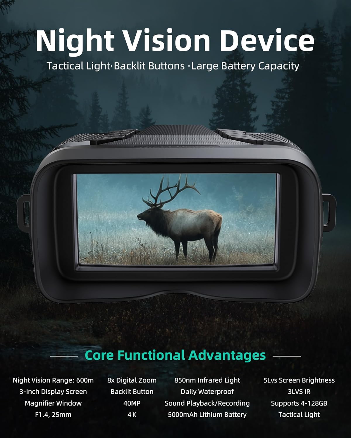 Night Vision Goggles, 4K Binoculars with 3'' Screen, 850nm IR, Tactical Flashlight, 8X Digital Zoom, 5000mAh Rechargeable Battery, 32GB TF Card, for Hunting Camping Security