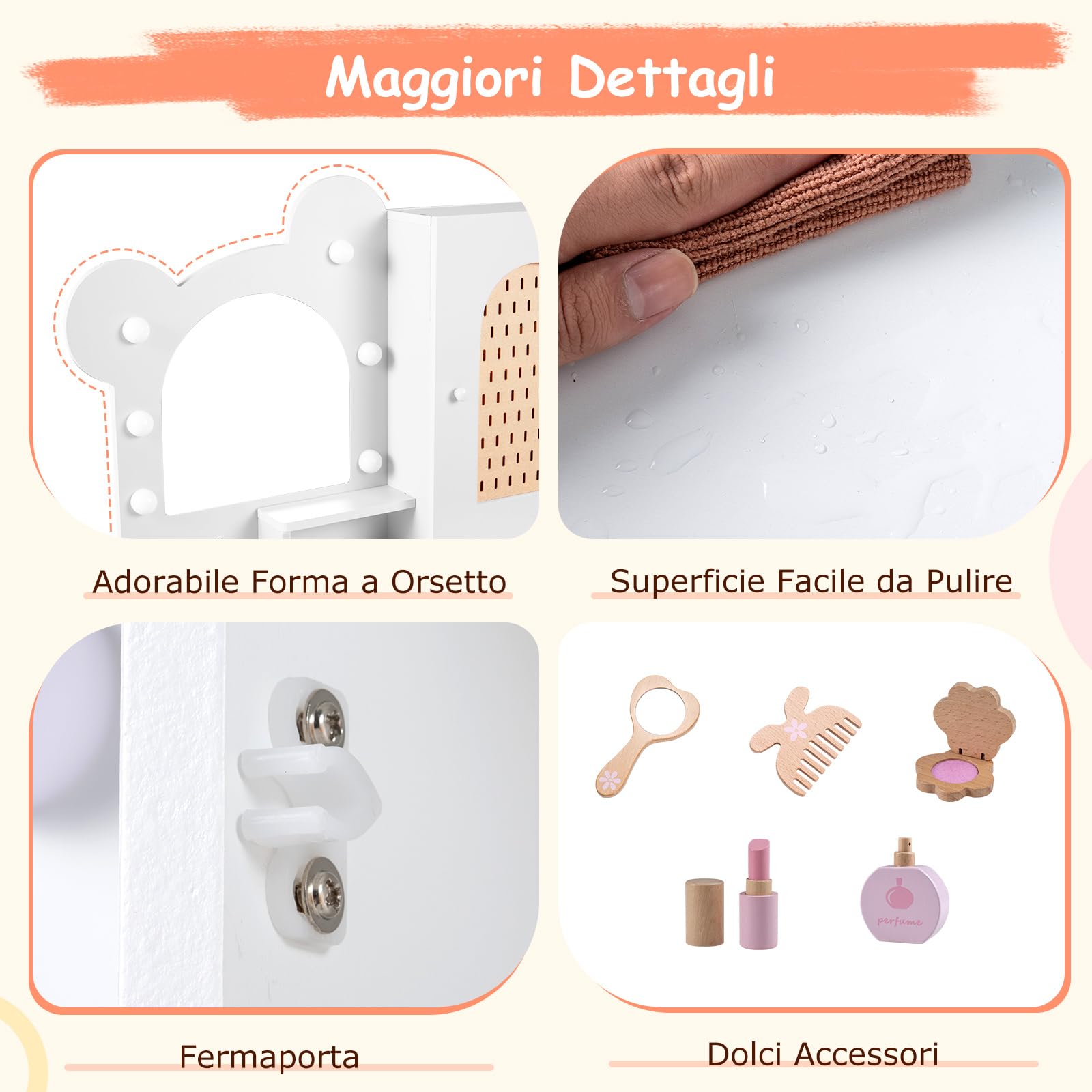 COSTWAY Toeletta per Bambine 3+ Anni, Set Tavolo e Sedia con Luci da Principessa con 5 Cassetti e 2 Scomparti, Armadietto con Porta e Scaffale Aperto, Ideale per Cameretta Bambina (Bianco)